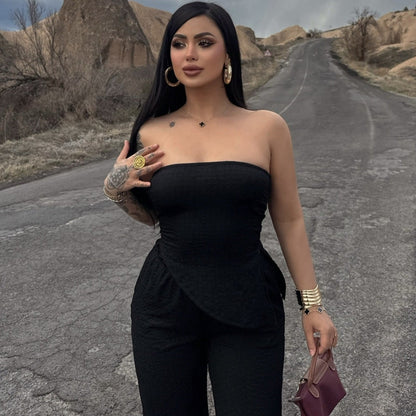 Summer Women Clothing Sexy off the Shoulder Tube Top Beveled Top Slim Trousers Two Piece Sets