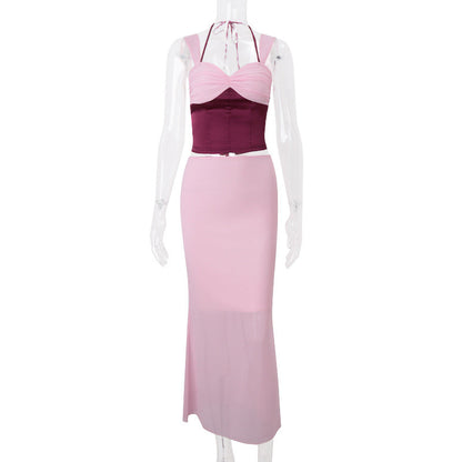Women Clothing Spring Sexy Sexy Crop Top Spaghetti Strap Top Slim Hip Skirt Two Piece Sets Women