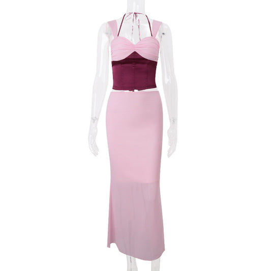 Women Clothing Spring Sexy Sexy Crop Top Spaghetti Strap Top Slim Hip Skirt Two Piece Sets Women