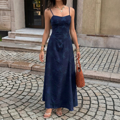 Women Clothing Summer French Vacation Jacquard Strap Waist Dress