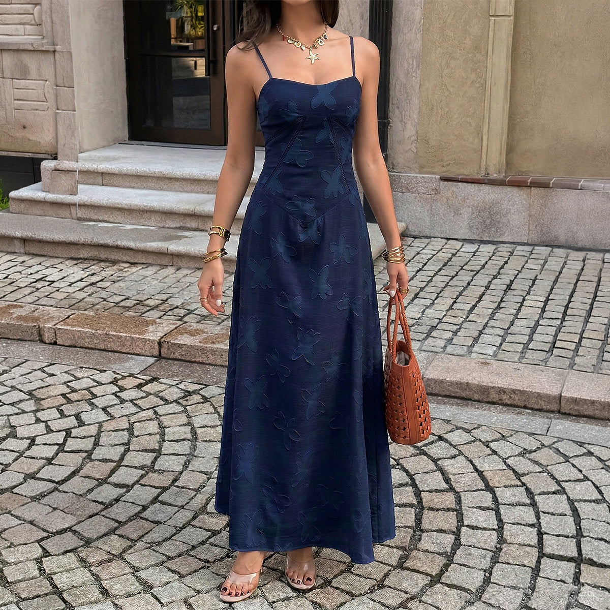 Women Clothing Summer French Vacation Jacquard Strap Waist Dress
