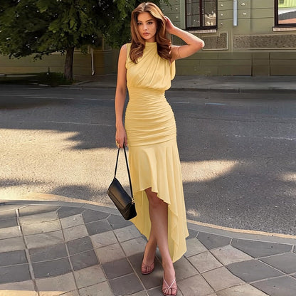 Women Clothing Summer Sleeveless Pleated Waist Tight Slimming Irregular Asymmetric Dress