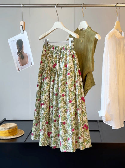 Plant Print Skirt Women Summer High Waist Slimming A line Unique Chic Maxi Skirt