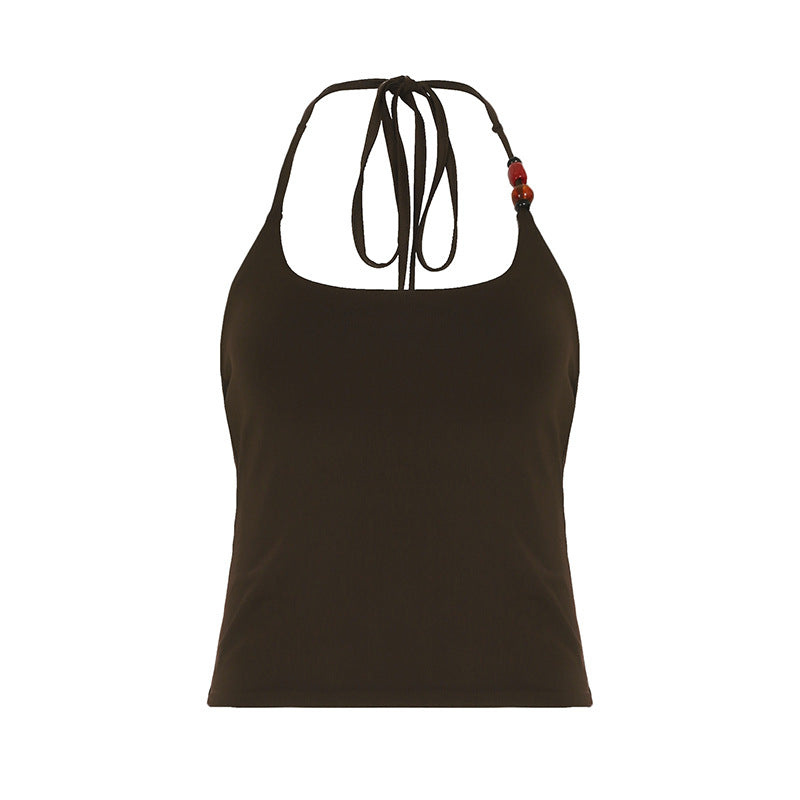 Summer Beaded Halter Lace up Vest Sexy Backless Solid Color Sports Casual Top