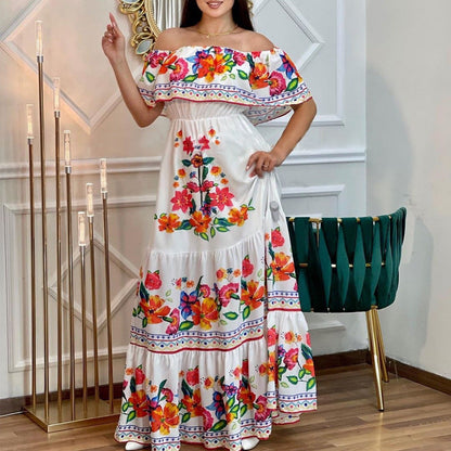 Spring Summer off Shoulder Printing Long Large Hem Dress