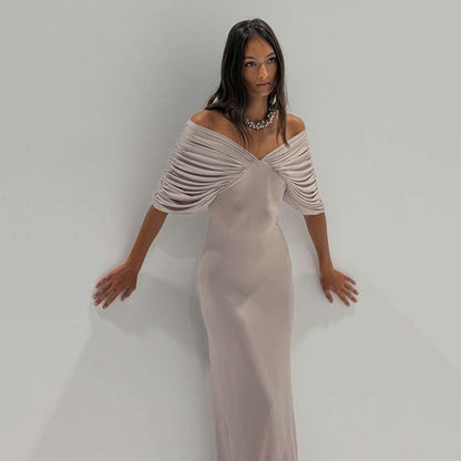 Spring Women Clothing Sexy off Neck Sleeve Slim Solid Color Maxi Dress Women