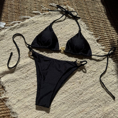Sexy Nylon Light Metal Ring Lace up Backless Split Swimsuit Bikini