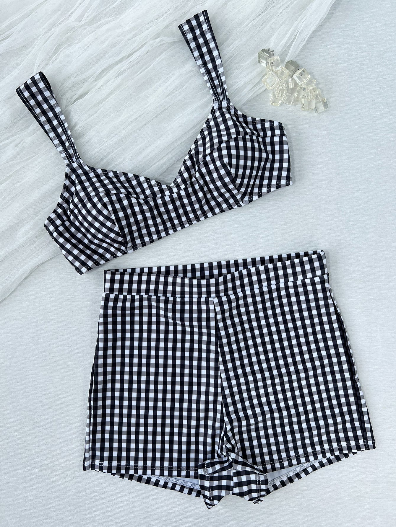 Ladies Split Plaid Printed Tied High Waist Shorts Bikini Swimsuit Bikini