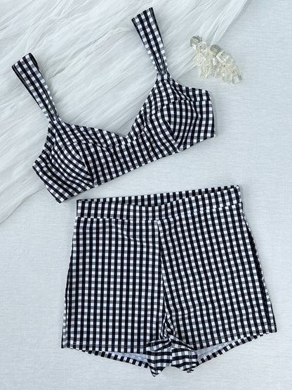 Ladies Split Plaid Printed Tied High Waist Shorts Bikini Swimsuit Bikini