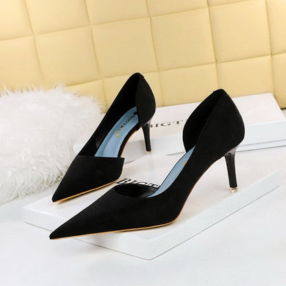 Fashionable Sexy Figure Flattering Side Hollow Out Cutout High Heels Stiletto Heel Cloth Surface Shallow Mouth Pointed Toe Super High Heel Pumps