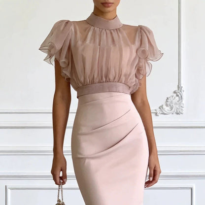Fashionable Sheer Mesh Lace up Waist Controlled Top Strap Sheath Dress