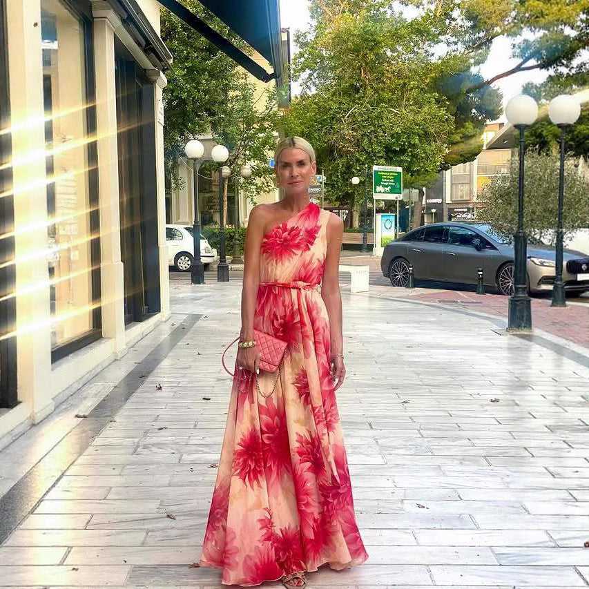 Summer Shoulder Waist-Controlled Lace up Wide Hem Printed Dress Women