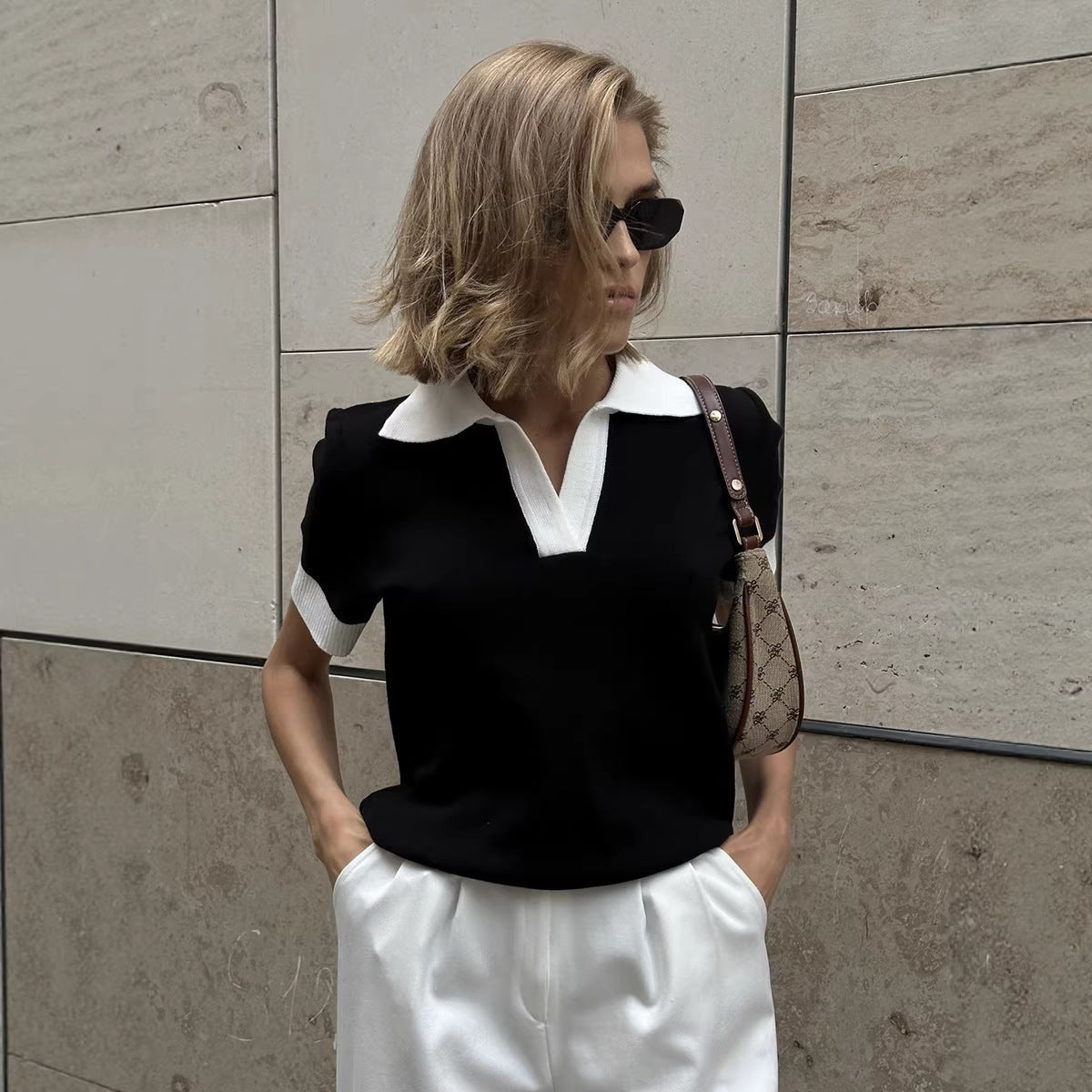 Short Sleeved Knitwear Summer Office Polo Collar Contrast Color Slim Fit Knitted Top