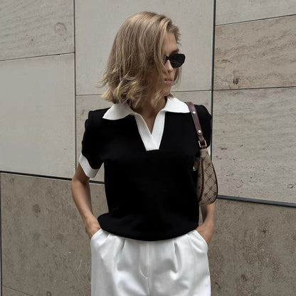 Short Sleeved Knitwear Summer Office Polo Collar Contrast Color Slim Fit Knitted Top