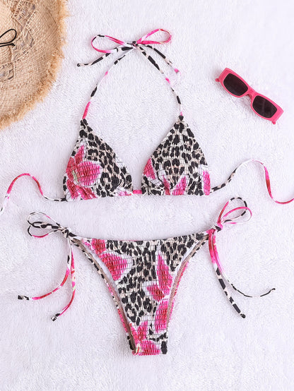 Bikini Printing Smocking Leopard Print Triangle Cup Sexy Split Bikini Swimsuit for Women