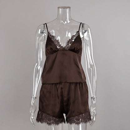 Women Pajamas Satin Stitching Lace Suspender Shorts Two Piece Set Summer Loungewear