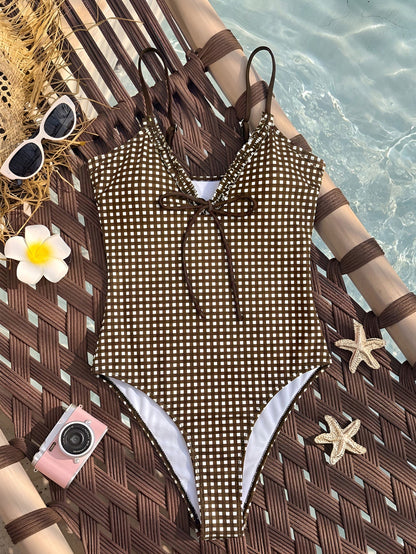 One Piece Swimsuit Plaid Striped Print Knotted Sexy Bikini Beach Women
