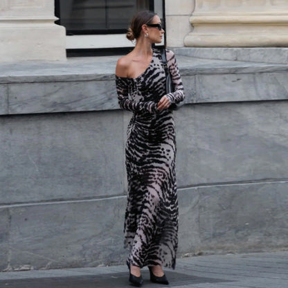 Women Clothing Autumn Retro Sexy off Shoulder Zebra Stripe Slim Fit Long Sleeve Dress Women