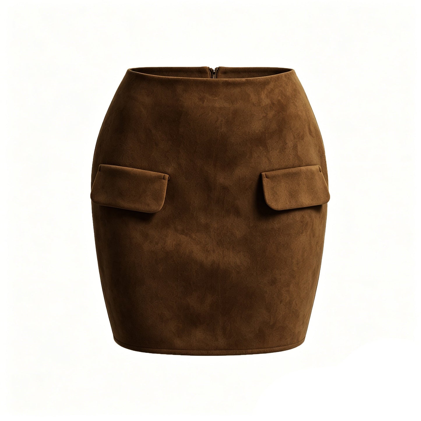 Autumn Winter Women Suede Double Pocket Skirt High Waist Package Hip Zipper Skirt