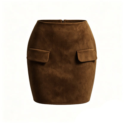 Autumn Winter Women Suede Double Pocket Skirt High Waist Package Hip Zipper Skirt