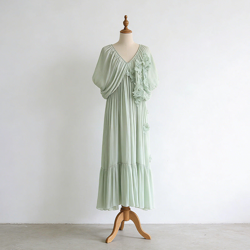 Romantic Vacation Maxi Dress Spring V neck Drop Shoulder Batwing Sleeve Stitching Three Dimensional Floral Dress