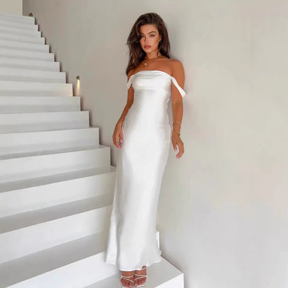 Women Clothing Summer off the Shoulder Tube Top Pleated High Waist Backless Simple High End Evening Dress