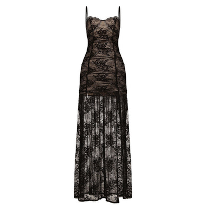 Women Clothing See through Lace Split Pleated Sling Elegant Dress Holiday Sheath Dress