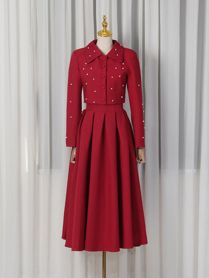 Spring Elegant Pleated Slim Maxi Dress Solid Color Beaded Collared Long Sleeve Two Piece Sets Women