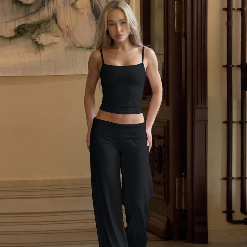 Women Clothing Summer off Neck Sling Small Tank Top High Waist Straight Pants Two Piece Sets