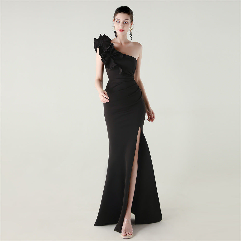 One Shoulder Craft Wave Floral Satin High Slit Sexy Evening Dress Dinner Party Wedding Social