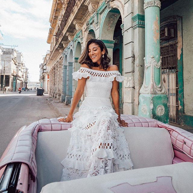 Summer Women Clothing off Shoulder Ruffled Hollow Out Cutout Wide Hem Lace Long Dress