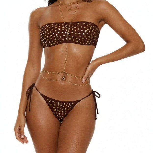 Metal Dot Tube Top Sexy Split Banded Bikini Swimsuit