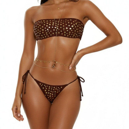 Metal Dot Tube Top Sexy Split Banded Bikini Swimsuit