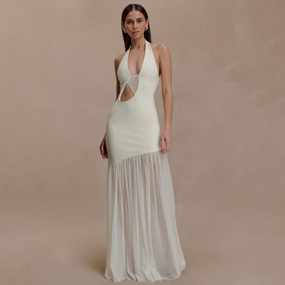 Women Dress Elegant Halter Sexy Cutout Pleated Backless Sheath Dress