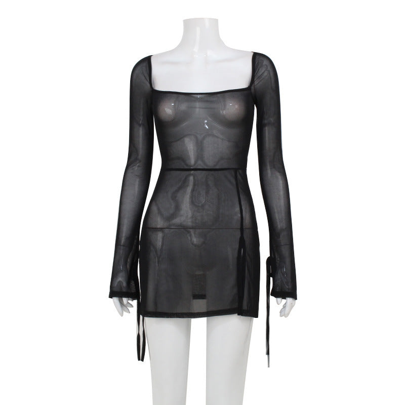Summer Women Clothing Refreshing Slim Fit Square Collar Sexy Mesh See through Beach Cover Up Slim Fit Sexy