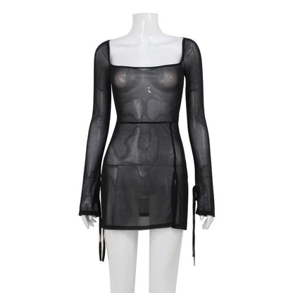 Summer Women Clothing Refreshing Slim Fit Square Collar Sexy Mesh See through Beach Cover Up Slim Fit Sexy