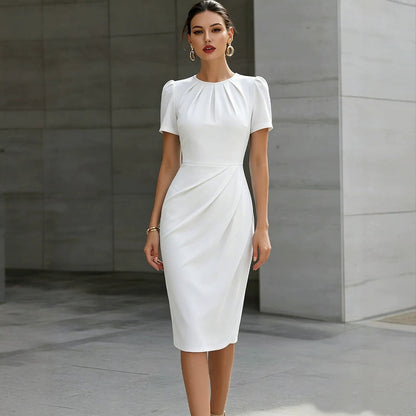 Women Clothing Pleated round Neck Short Sleeve Waist Controlled Midi Dress Solid Color Dress