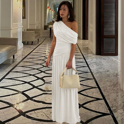 Women Clothing Spring Arrival Fashionable Sexy Diagonal Collar Pleated Asymmetrical Solid Color Dress