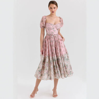 Bubble Sleeve Women Floral Floral Print Pleated Women Dress
