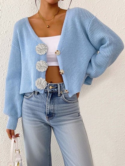 Women Knitted Sweater Street Hipster Short Top Hand Hook Floral Decorative Button Cardigan Short Coat