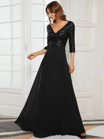 Middle East Women Chiffon Double V neck Dress A line Large Hem Sequin Stitching Evening Dress