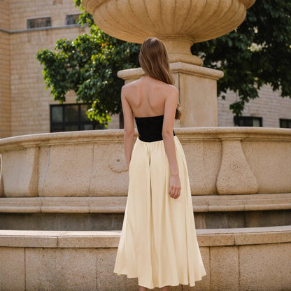 Socialite Elegant Women Dress Slim Fit Black White Stitching Sleeveless Halter Backless Maxi Dress off Neck Dress