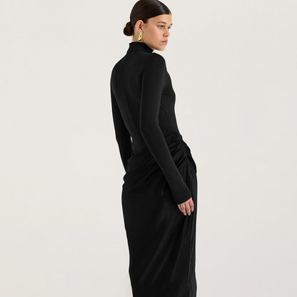Summer Half High Collar Long Sleeves Dress Sexy Slim Fit Faux Two Piece Solid Color Dress