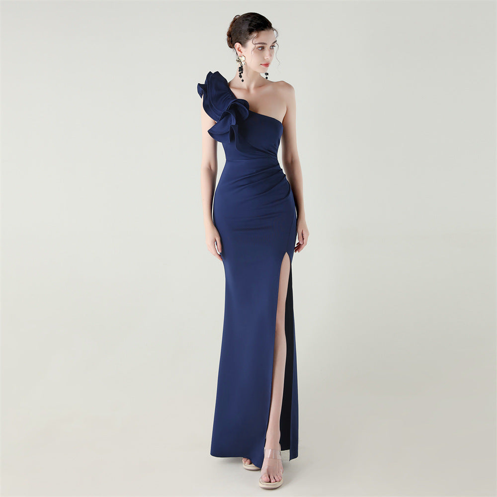 One Shoulder Craft Wave Floral Satin High Slit Sexy Evening Dress Dinner Party Wedding Social