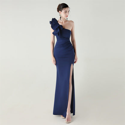 One Shoulder Craft Wave Floral Satin High Slit Sexy Evening Dress Dinner Party Wedding Social