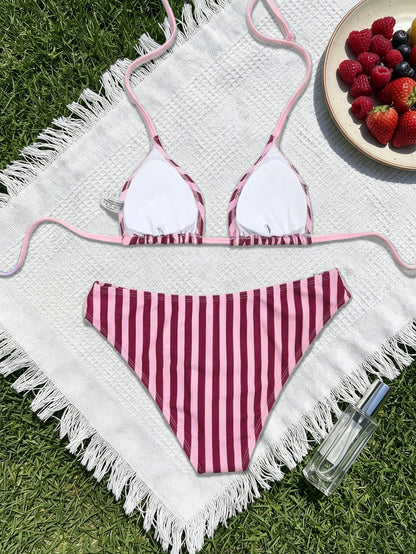 Striped Printed Bikini Triangle Cup Lace up Sexy Backless Split Bikini Swimsuit