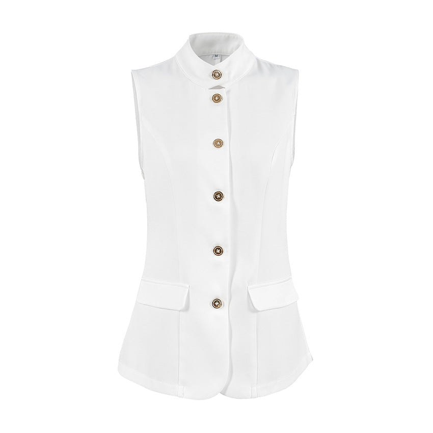 Fashionable Elegant Sleeveless Vest Top Spring Summer White Small Stand Collar Office Casual Shirt