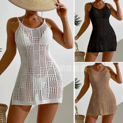 Vacation Women Clothing Short Chic round Neck Plaid Texture Hollow Out Cutout out See through Camisole Sexy Short Dress Crochet hook