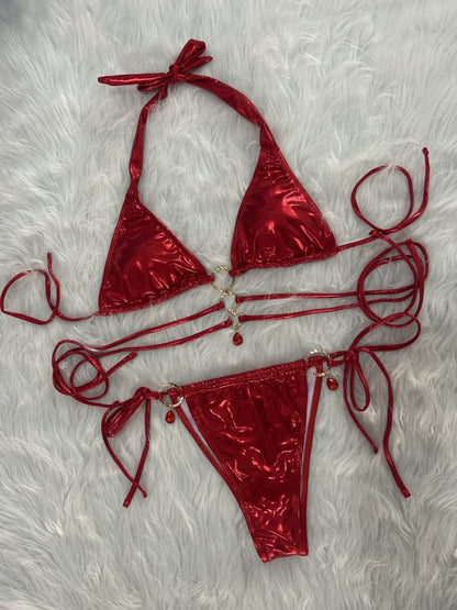 Swimwear Crystal Diamond Solid Color Bikini Women Strap Split Triangle Cup Swimsuit Swimwear