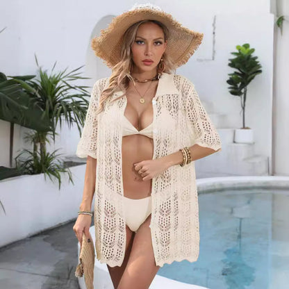 Women Beach Vacation Sun Protection Shirt Hollow Out Cutout Woven Shirt Polo Collar Coat Beach Cover Up
